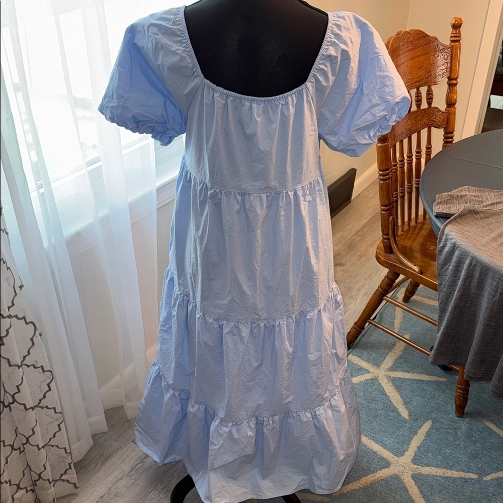 Light Blue Puff Sleeve Tiered Midi Dress summer, beach, casual, feminine, blue - Picture 3 of 9